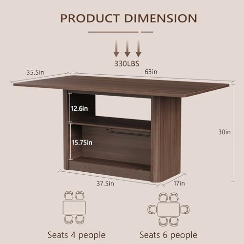 FUQARHY 63" Dining Table with Storage, Farmhouse Rectangular Kitchen Table - color: Walnut