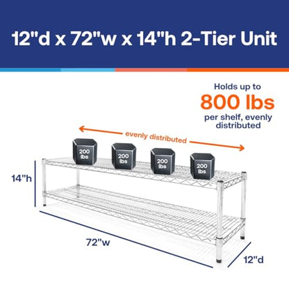Shelving Inc. 12" d x 72" w Chrome Wire Shelving with 2 Tier Shelves, Weight Capacity 800lbs Per Shelf - size: 12"d x 72"w x 14"h
