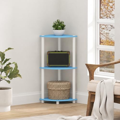 Furinno Turn-N-Tube Toolless Assembly 3-Tier Corner Shelf, Blue Corner Book Shelf, Open Shelves Bookshelf, for Organization and Storage, Living Room, Home Office, Bedroom, Soft Blue - color: Soft Blue/White, size: 3-Tier Corner