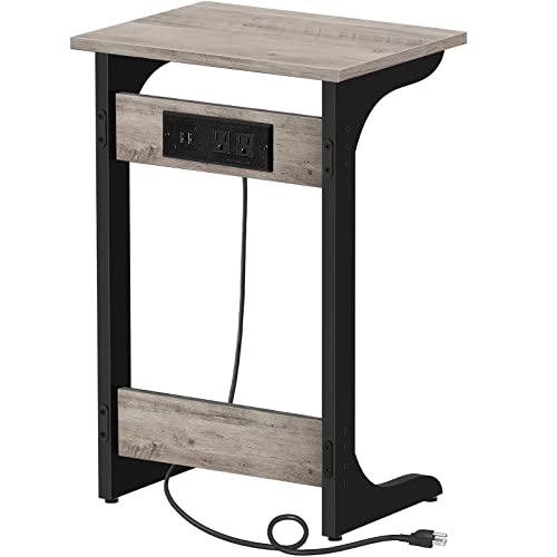 TUTOTAK C Shaped End Table with Charging Station, Side Table, Couch Table for Small Spaces, Tv Tray Table with 2 USB Ports and Outlets, Living Room, Bedroom TB01BG044 - color: Greige, size: 1 pc, style: Ordinary