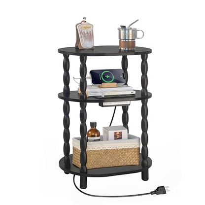 MaxSmeo Black Side Table with Charging Station, 3-Tier Small Oval End Table with USB Ports and Outlet, Modern Night Stand Wood Accent Table for Living Room, Bedroom, Black - color: Black Charging Station