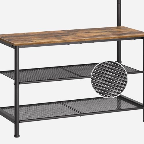 Hall Tree, Coat Rack with Shoe Bench, 4-in-1 Entryway Bench with Storage Shelves, Hanging Rod and 8 Movable Hooks, Hall Tree with Storage Bench for Hallway, Rustic Brown and Black MT02BR