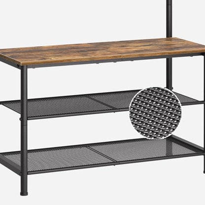 Hall Tree, Coat Rack with Shoe Bench, 4-in-1 Entryway Bench with Storage Shelves, Hanging Rod and 8 Movable Hooks, Hall Tree with Storage Bench for Hallway, Rustic Brown and Black MT02BR