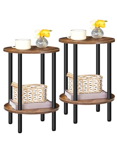 CHOEZON Side Table Set of 2, 2-Tier Round End Table, Small Nightstand with Sturdy Metal Tube, Industrial Coffee Table, for Living Room, Bedroom, Rustic Brown and Black TBZ01P2BF - color: Rustic Brown + Black