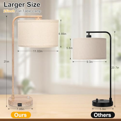Farmhouse Table Lamp, Fully Dimmable Bedisde Nightstand Lamp with USB C+A Charging Ports, Modern Tall Table Lamp Desk Reading Lamp for Living Room, Bedroom, Office, 9W LED Bulb Included - color: Wood Grain