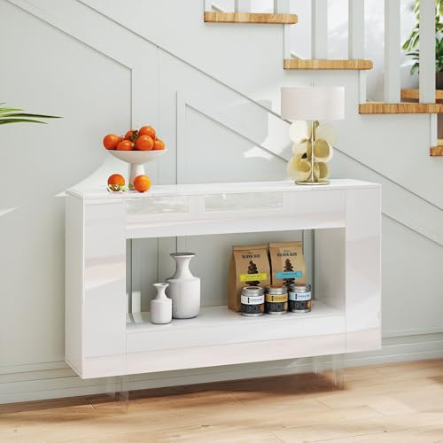 47" High Gloss Console Table with Hidden Side Storage Cabinets, White Modern Entryway Sofa Table for Behind The Couch, Living Room - color: High Gloss-white