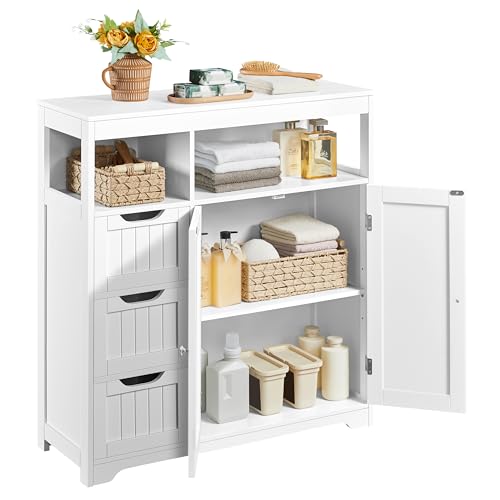 Yaheetech Bathroom Floor Cabinet, Wooden Storage Organizer with 3 Drawers and 2 Open Shelves, Freestanding Storage Cabinet with a Large Bottom Cabinet for Bathroom, Living Room, Kitchen, White - color: White, style: 2 Doors + 3 Drawers + 2 Open Compartmen