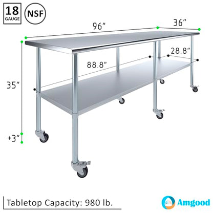 AmGood 96" Long x 36" Deep Stainless Steel Table with Casters - size: 96" Long x 36" Deep
