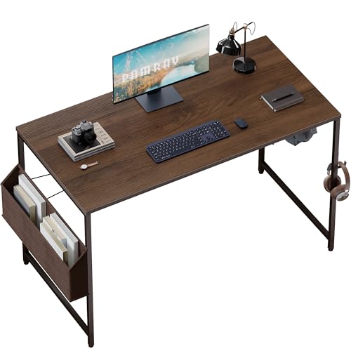 Pamray 47 Inch Computer Desk for Small Spaces with Storage Bag, Home Office Work Desk with Headphone Hook, Small Office Desk Study Writing Table - color: Brown, size: 47 Inch