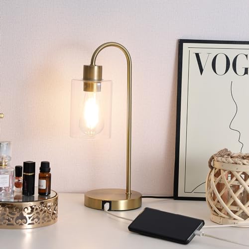 Gold Table Lamp with USB Port, 3 Way Dimmable Touch Control Bedside Lamp, Modern Nightstand Lamp with Glass Shade, Industrial Table Lamp for Bedroom Office, USB A & C, LED Bulb Included - size: 1 Pack