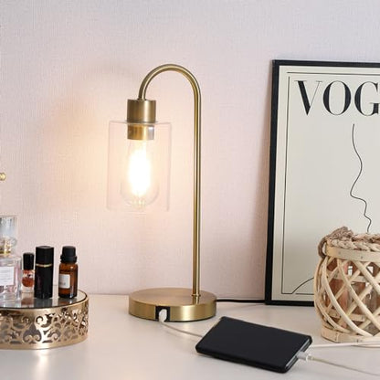 Gold Table Lamp with USB Port, 3 Way Dimmable Touch Control Bedside Lamp, Modern Nightstand Lamp with Glass Shade, Industrial Table Lamp for Bedroom Office, USB A & C, LED Bulb Included - size: 1 Pack
