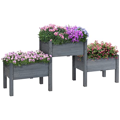 Outsunny Raised Garden Bed with 3 Planter Box, Elevated Wooden Plant Stand with Drainage Holes, for Vegetables, Herb and Flowers, Gray - color: Gray, size: 6.04' x 1.48' x 2.63'