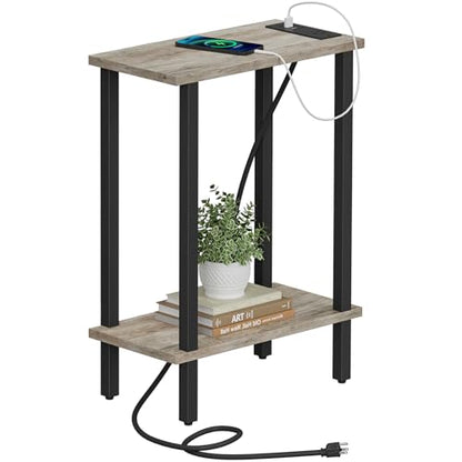 TUTOTAK Small End Table with Charging Station, Narrow Side Table with USB Ports and Outlets, Skinny Sofa Table, Slim Nightstand, Living Room, Bed Room, Greige TB01BG060 - color: Greige, size: 2-tier