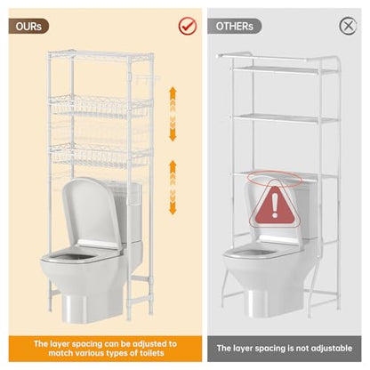 Golpart 3-Tier Over-The-Toilet Storage Shelf,Heavy-Duty Adjustable Bathroom Rack with 2 Mesh Baskets,Toilet Paper Holder & Hooks,Space-Saving Organizer for Bathroom,10”D x 24”W x 66”H,White - size: White with Baskets-10"D x 24"W x 66"H