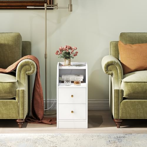 KOMFOTT Set of 2 Side Tables with Charging Station, End Tables with Storage Drawers, Sofa Couch Tables for Small Space, Modern Nightstands for Bedroom (White,2) - color: White