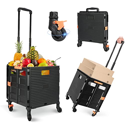 Foldable Utility Cart Folding Portable Rolling Crate Handcart Handcart Shopping Trolley Wheel Box with Lid,360°Rotate Wheels,Heavy Duty Durable Dolly Cart for Teacher Tourist Shopping Office Outdoor - color: Black, size: Standard