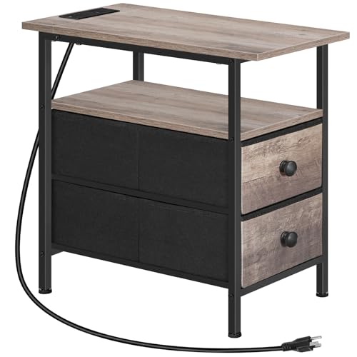 HOOBRO End Table with Charging Station, Narrow Side Table, Nightstand with 2 Non-Woven Drawers, Slim Sofa Side Table, for Small Spaces, Living Room, Bedroom, Greige and Black BG486UBZ01 - color: Greige + Black, size: 11.8"L x 18.9"W x 23.6"H