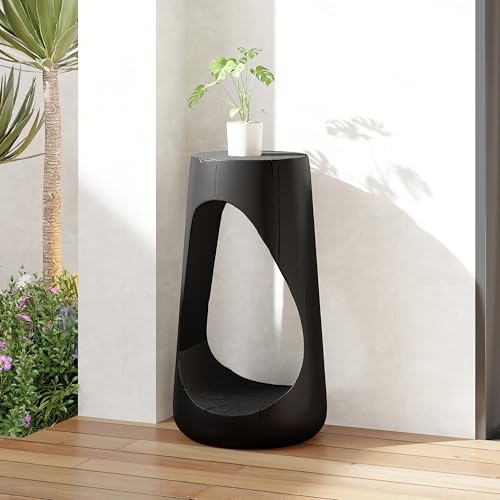 Black Hollow Sculptural Faux Wood Stump Side Table, Lightweight MgO Pedestal Accent End Table, Modern Wabi-Sabi Plant Stand for Living Room Bedroom Covered Patio Balcony Decor - color: 1pcs-shape-a-black
