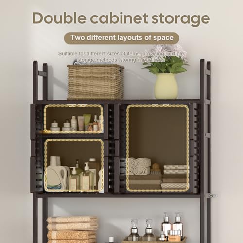 Cozivolife Over The Toilet Storage: Space Saver Bathroom Organizer Shelf | Bamboo Freestanding Storage Cabinet Over Toilet with Paper Holder Stand - No-Drill Installation and Waterproof Feet Pad