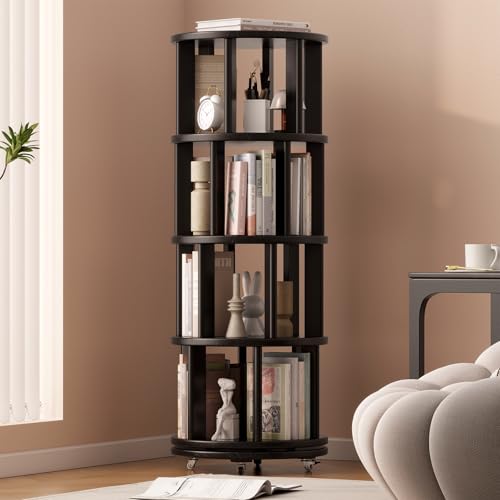 Solid Wood Rotating Bookshelf on Wheels, 4 Tier, Round Revolving Bookcase, 360° Spinning Book Shelf Tower for Kids, Narrow Rolling Bookshelves for Small Space, Corner, Bedroom, Office, Black - color: Black, size: 4 Tier