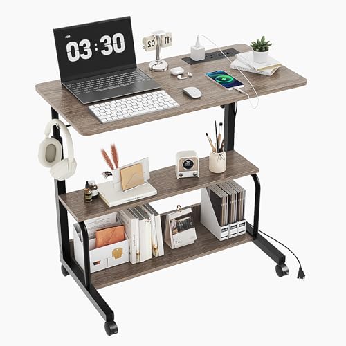 FCH 31.5" Mobile Small Standing Desk, Adjustable Height Mobile Computer Desk, w/2 AC Outlets + 3 USB Ports & Hooks, Storage Shelves, Suitable for Gaming, Studying, Home Office, Gray - color: Brown, size: 31.5+Power Sockets