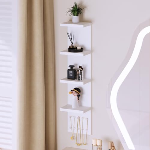 LitaEther 4 Tier White Lack Shelf Vanity Wall Shelf with 10 Crystal Hooks - Multi-Functional Storage for Makeup, Jewelry, Plants, Awards & Display (L7.1 x W5.5 x H30.7) (2)