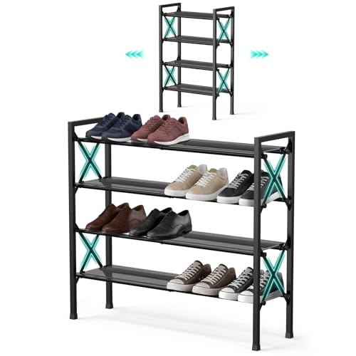 YEASHEIN 4-Tier Expandable Shoe Rack Organizer with Wire Mesh Shelves, Sturdy Metal Shoe Shelf with 5-Tier Storage, adjustable Shoe Stand, Free Standing Shoe Rack for Closet, Entryway, Garage - Black - size: 4 Tier