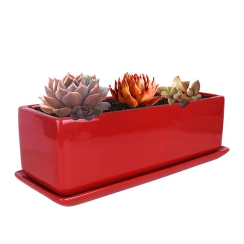 Vencer 14 Inch Rectangular Modern Minimalist Ceramic Succulent Planter Pot - Window Box with Saucer,Office Desktop Potted Stand,Red,VF-0173R - color: Red, size: 14 Inch