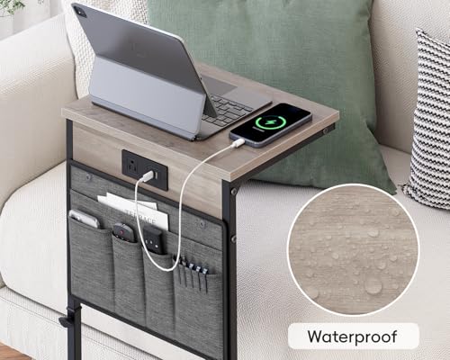 Vagusicc C-Shaped End Table with Charging Station, Small Side Table for Couch, 33" Tall C Table Adjustable Height Side Table, Couch Tables that Slide Under, Sofa Table TV Tray for Living Room,Gray - color: 1pc Greige