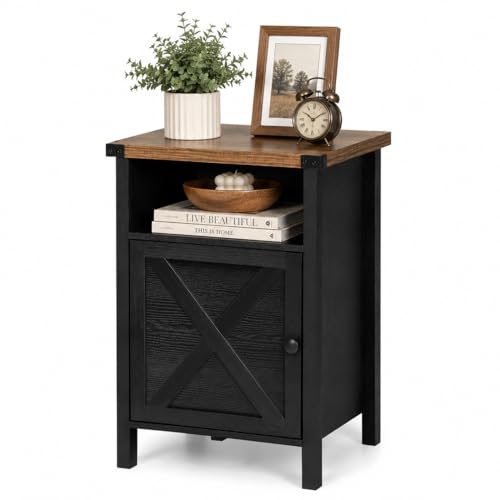 Black Farmhouse Nightstand, Side Table, End Table with Barn Door and Shelf, Rustic Modern Bed Night Stand for Bedroom, Living Room - color: Black