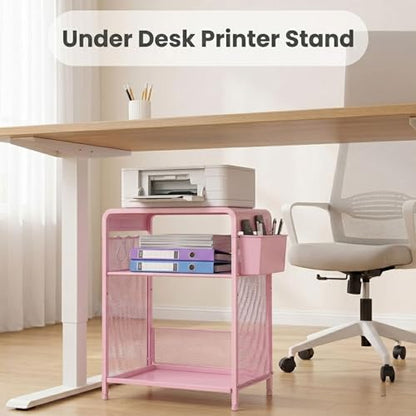 ECOLOVI 3 Tier Printer Stand for Under Desk, Height Adjustable Shelf Small Printer Table with 3 S-Hooks & Basket, Heavy Duty Industrial Storage Shelf for Home Office (Pink) - color: Pink