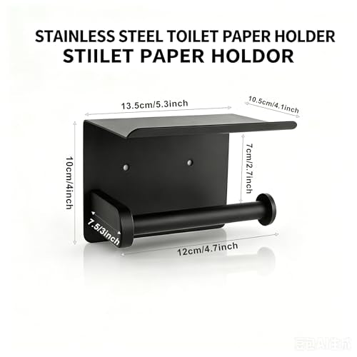 Stainless Steel Wall Mounted Toilet Paper Holder with Phone Stand - Bathroom Accessory for Mega Rolls (Matte Black)