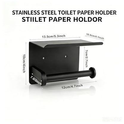 Stainless Steel Wall Mounted Toilet Paper Holder with Phone Stand - Bathroom Accessory for Mega Rolls (Matte Black)