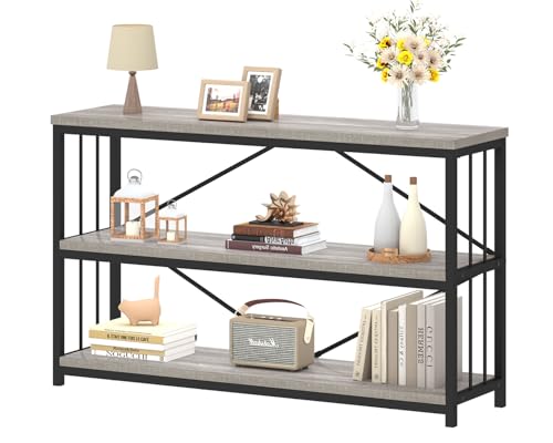 47" Low Bookcase, Modern Short Horizontal Etagere Bookshelf, Light Grey | Industrial Wide Open Rustic Metal Wooden Book Shelf Bookcase Bookshelves for Bedroom Living Room Home Office Storage - color: Light Grey Oak, size: 47 Inch