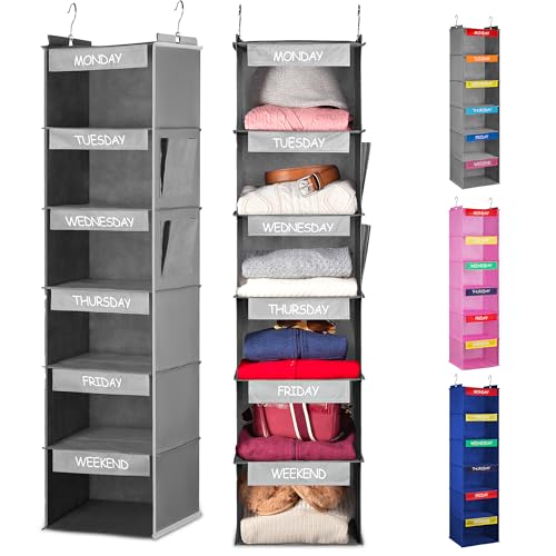 Handy Laundry Hanging Clothes Organizer for Kids - 6-Shelf Closet Daily Clothing Organization Labeled Shelves with Days of The Week Monday Through Friday, Weekday and Weekend (Grey) - color: Grey, size: Weekly Planner
