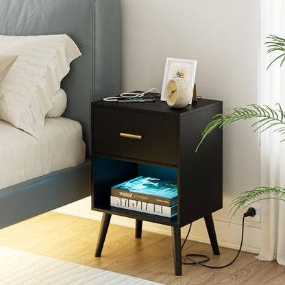 Aienvey Nightstand with Charging Station and LED Lights, Black | Small Side Table, Bedside Table with Drawer, Modern Night Stand with Light/Power Strip, End Table for Bedroom, Living Room - color: Black