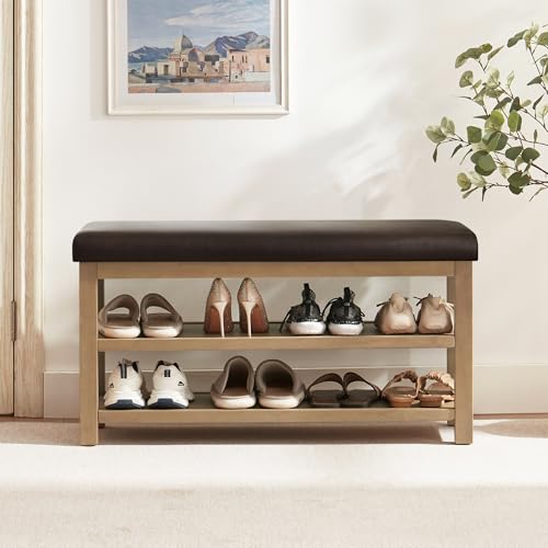 Zihanhome Shoe Rack Bench with Leather Cushion, 2 Tier Solid Wood Storage Bench, Mid-Century Modern Shoe Bench for Entryway, Hallway, Closet, Front Door Entrance, Foyer (Dark Brown, 39.4") - color: Dark Brown, size: 39.4"