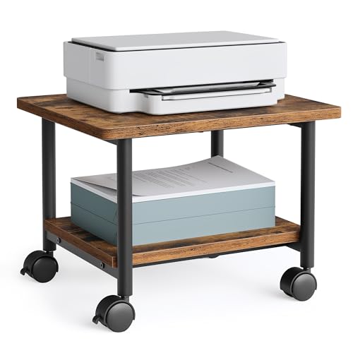 VASAGLE Printer Stand with Locking Wheels, Industrial Mobile Cart, Under Desk Printer Table for Home Office, 18.9 x 15.7 x 13.4 Inches, Storage Shelf, 2-Tier, Rustic Brown and Ink Black - color: Rustic Brown + Ink Black, size: 2 Tiers/Compact