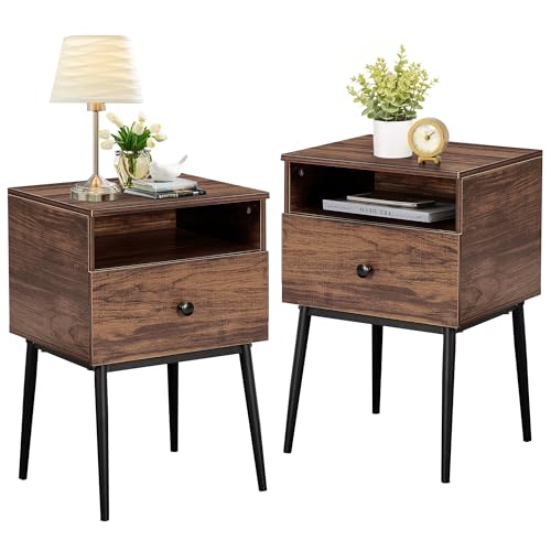 VECELO Night Stand Set of 2,Modern Solid Wood Nightstand with Storage Shelf and Drawer, Bedside Table End Table for Living Room,Bedroom,Entryway,Easy Assembly,Brown - color: Rustic Brown(set of 2)