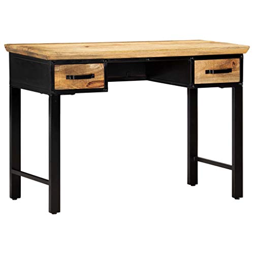 Writing Desk with Drawers, Industrial Home Office Computer Table with Solid Mango Wood Surface and Metal Legs, 43.3 Inch Small Study Desk for Bedroom Workspace