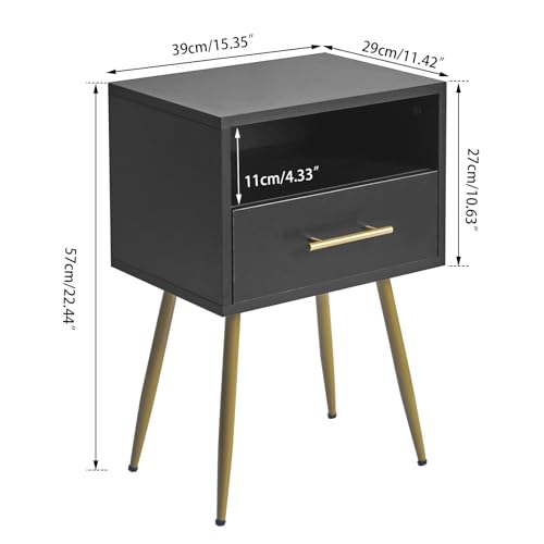 IBUYKE Nightstand, Mid Century Modern Night Stand, Bedside Table with Drawers and Open Storage Shelf, End Side Table with Metal Legs, for Bedroom, Small Spaces,Black UWNS004B - color: Black