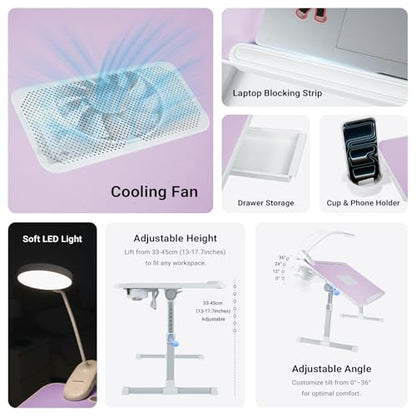 iXTRA Adjustable Laptop Lap Desk with Cooling Fan USB Light for Adults - color: Purple,70x45cm