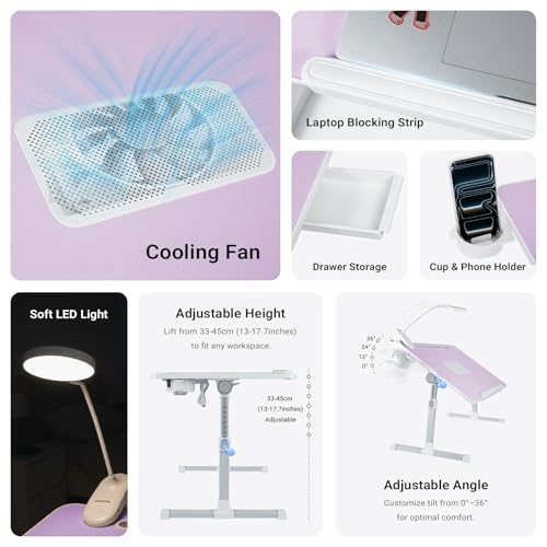 iXTRA Adjustable Laptop Lap Desk with Cooling Fan USB Light for Adults - color: Purple,70x45cm