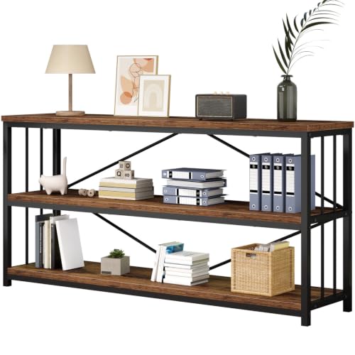Low Rustic Bookshelf, Industrial Horizontal Bookcase Rustic Brown 63 in | Farmhouse 3 Tier Long Wide Open Wood Metal Etagere, Modern Large Vintage Book Shelf for Home Office Bedroom Living Room - color: Rustic Brown Oak, size: 63 Inch