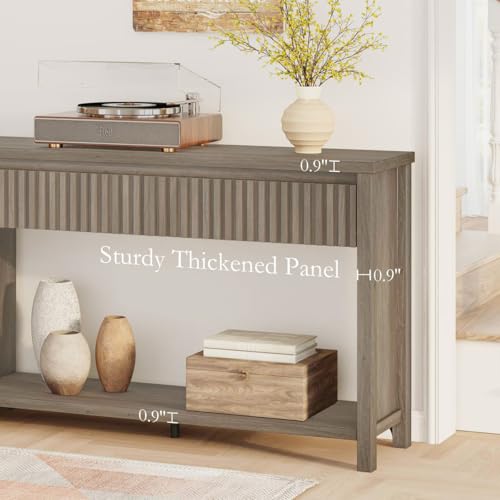 BON AUGURE Console Table with Storage, 47In Entryway Table with Drawers, Grey Couch Tables Behind Sofa, Narrow Sofa Tables with 2-Tier Shelf for Living Room, Hallway, Front Door, Greige Oak - color: Greige Oak