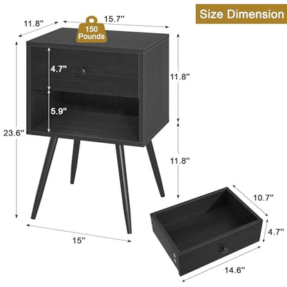 VECELO Nightstands Set of 2, Mid Century Modern End Bedside Table, Night Stand with Storage Drawer and 2 Tiers Open Shelf for Small Place, Bedroom, Living Room, Easy Assembly, Black - color: Black