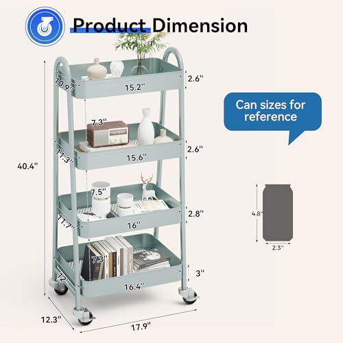 NEWBULIG 4-Tier Metal Rolling Cart with Lockable Wheels, Heavy Duty Mobile Utility Storage Shelf, Roller Book Snack Cart, Green - color: Green, size: 4 Shelves