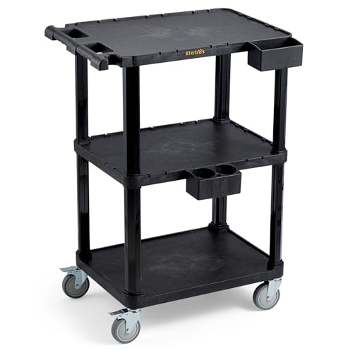 ELAFROS Heavy Duty Utility Cart, 27.5 x 18.25 Inch, 3-Tier Rolling Cart, Industrial Plastic, 330 lbs Capacity, Flat Top Shelves with Swivel Wheels - Multipurpose Work Cart - style: Standard