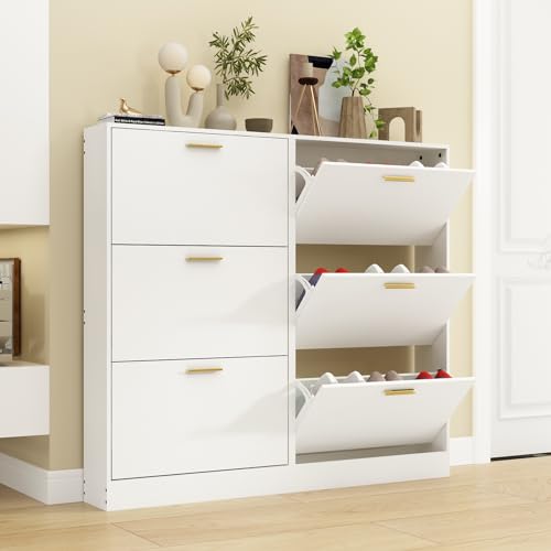 Shoe Cabinet Storage for Entryway, White Shoe Organizer with 2 Flip Drawers & Open Shelf, Freestanding Hidden Large Shoe Storage Cabinet (2pc-White, 3 Flip Drawers) - color: 2pc-white, size: 3 Flip Drawers Without Shelf