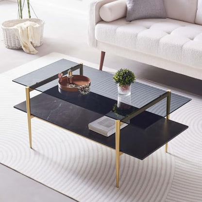 LumFurn Rectangle Coffee Table for Living Room, Mid-Century Modern Design, L41 x W21 x H17, 2-Tier Structure, Clear Glass Top and Black Marble Wood Shelf, Conical Metal Legs with Gold Finish - color: Grey & Black Marble, size: L41" Rectangle Coffee Table